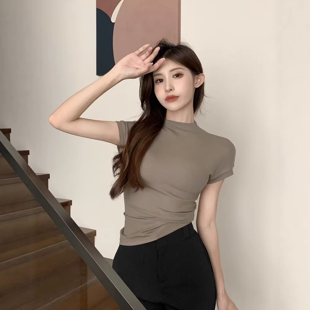 순수한 욕망 스타일 하프 하이 넥 반팔 티셔츠 여성용 2024 여름 슬림 핏 슬리밍 기본 레이어 셔츠, 학생 최고 Ins 트렌디