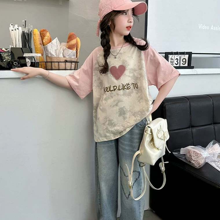 Футболка с короткими рукавами для девочек Хлопковое летнее платье для студентов