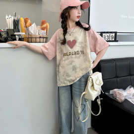 女童短袖T恤棉质夏装学生印花扎染洋气女孩中大童半袖上衣夏季潮