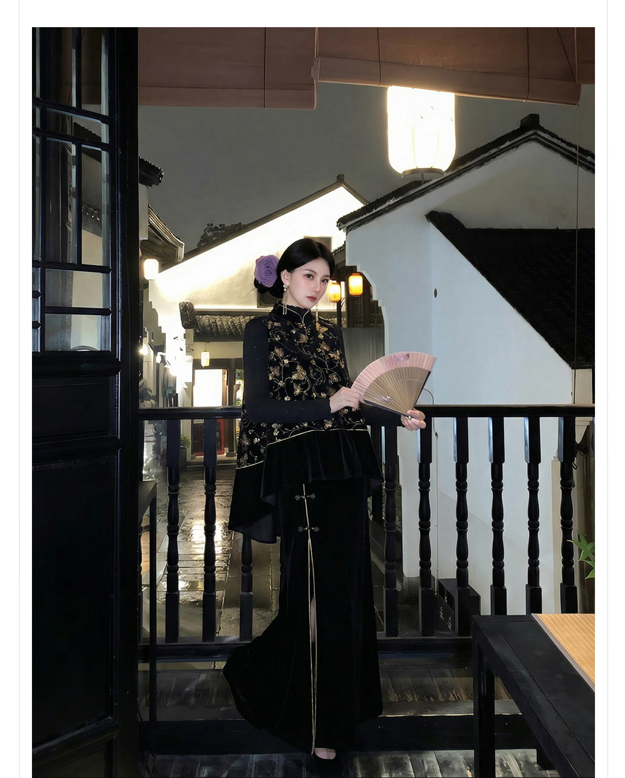 Bộ áo vest không tay thêu sequin đen vàng + chân váy nhung xẻ tà phong cách Trung Quốc mùa xuân hè — váy, áo vest chi tiết 14
