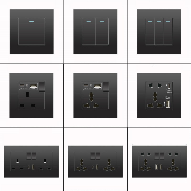 Hong Kong and Macao Version 13A British Socket with USB Fast Charging Type-C British Standard Square Leg Three-Hole Black 86 Panel