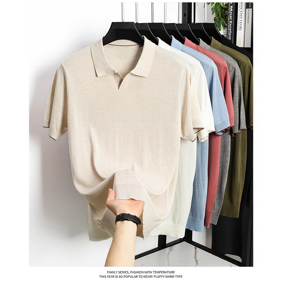 Summer New High-End Luxury Short-Sleeved Polo Shirt 100% Tencel Lyocell Seagull Collar Pure Color T-Shirt for Men