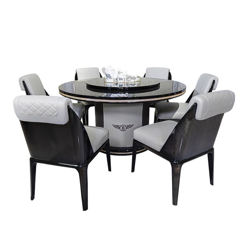 環歐 意式輕奢圓型餐桌椅組合帶轉盤飯桌大戶型餐檯餐廳家具工廠