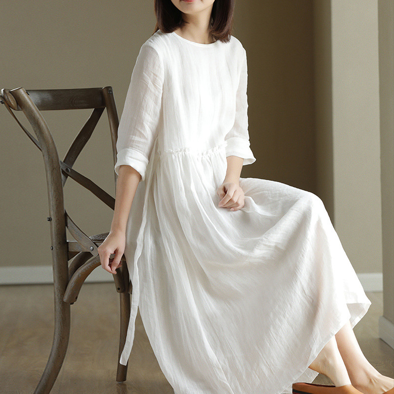 2024 New Summer Ramie Dress Women's White Cotton and Linen High Waist Slimming Artistic Loose Round Neck Skirt