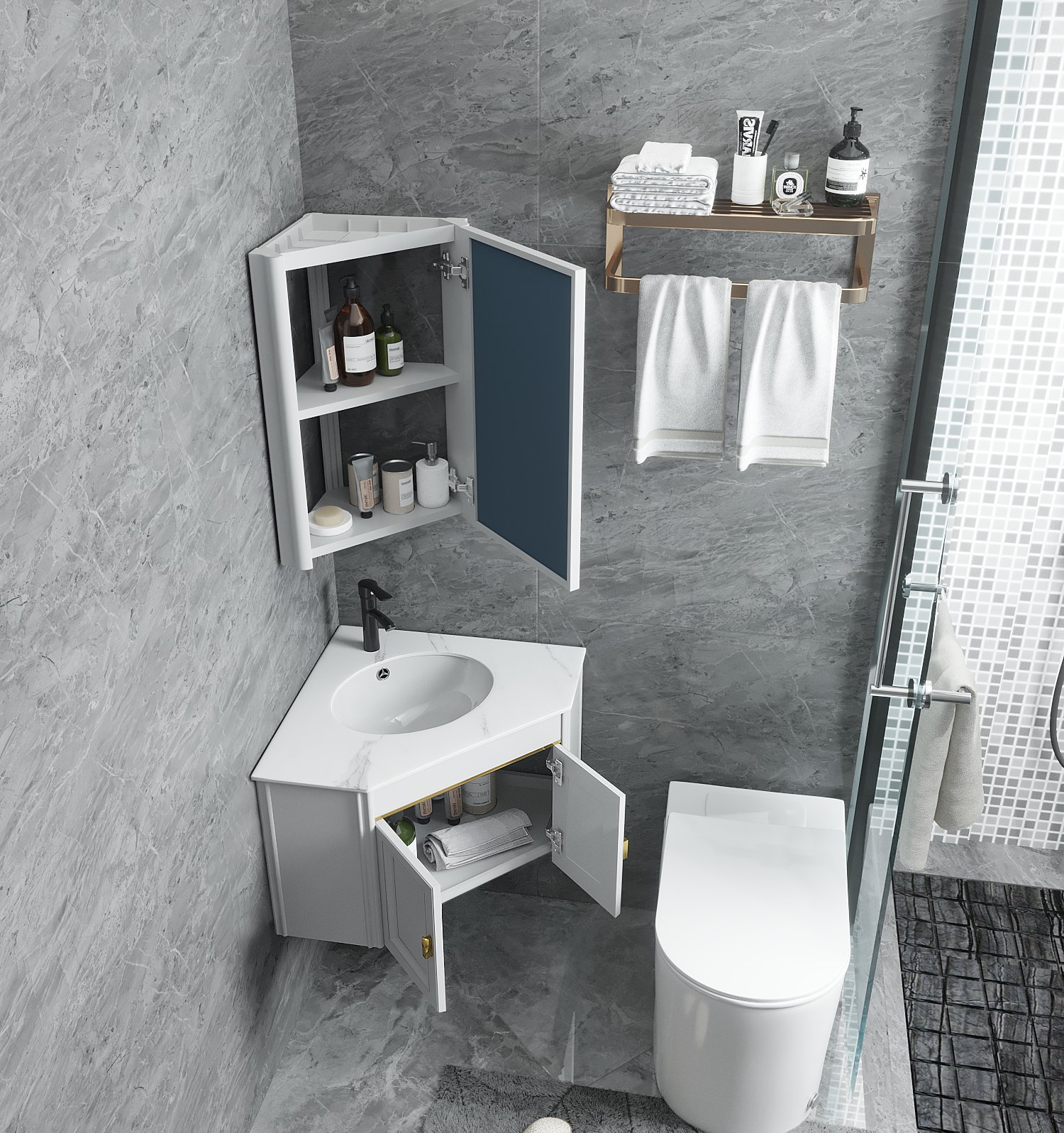 浴室三角形洗漱池手面盆镜柜太空铝挂墙式转角浴室柜组合小户型30|ru