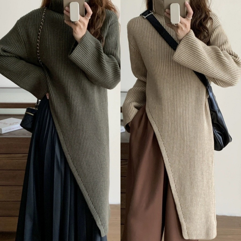 High-Neck Slit Sweater Dress for Women, Autumn and Winter, Loose Long-Sleeve, Mid-Length, Over-The-Knee Knit Dress to Pair with a Coat High-Neck Slit Sweater Dress for Women, Autumn and Winter, Loose Long-Sleeve, Mid-Length, Over-The-Knee Knit Dress to Pair with a Coat