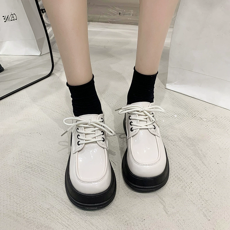 Мокасины на толстой подошве, женские туфли 2023, весна и осень, новые туфли на платформе со шнуровкой, маленькие кожаные туфли в британском стиле, туфли на высоком каблуке с круглым носком