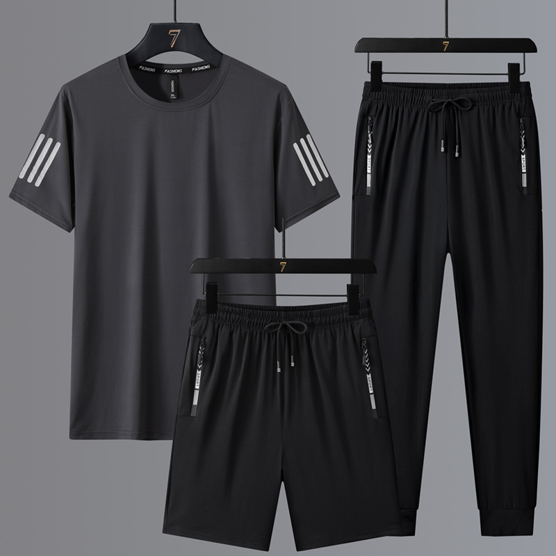 Traje de ocio deportivo de seda de hielo de talla grande para hombre de verano camiseta de cuello redondo pantalones sueltos de manga corta de secado rápido tres piezas