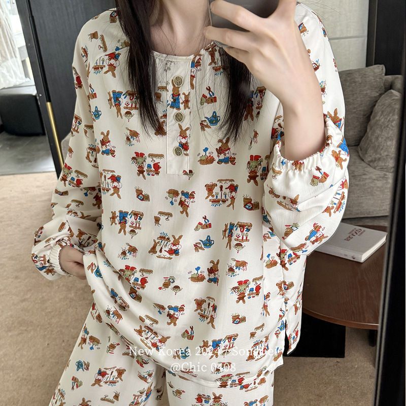 Xiaohong book blogger spring and summer long pajamas women's suit thin European fairy tale cartoon printed home wear
