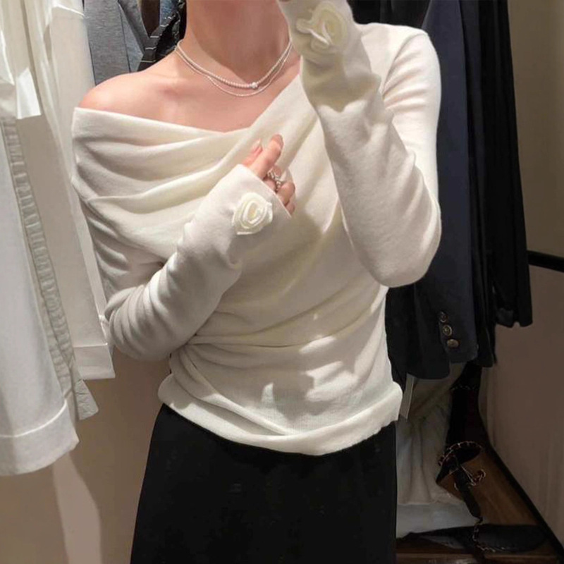 早秋白色立体花朵荡领露肩针织衫女春秋冬内搭打底衫上衣|undefined