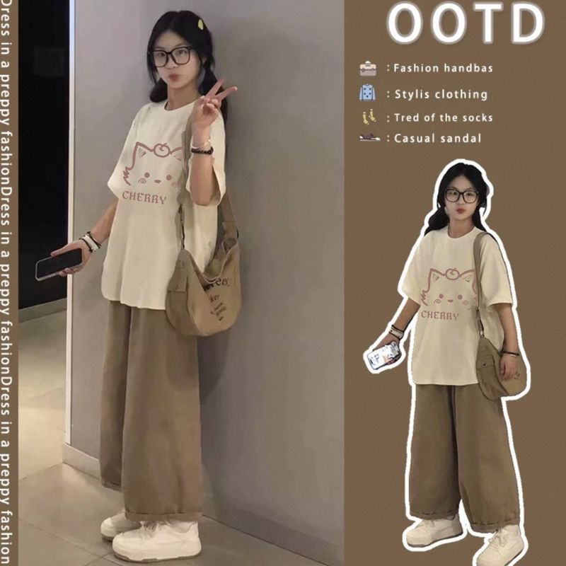 单/套装夏季女学生慵懒风宽松短袖t恤休闲阔腿裤子甜美穿搭两件套|undefined