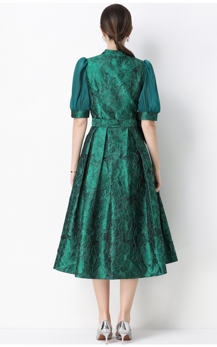 Đầm maxi nữ thắt eo V cổ tay ngắn họa tiết jacquard thanh lịch — màu đen, xanh lam, Màu hồng, màu trắng chi tiết 10
