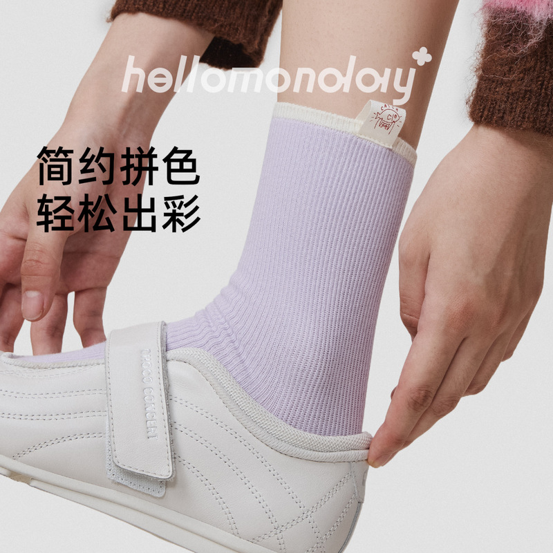 85911 诸暨袜子女秋冬季布标撞色中筒袜双针粗线堆堆棉袜运动白色|undefined