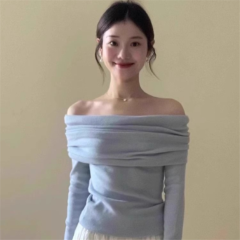 法式黑色一字肩上衣女春秋露肩设计感小众修身气质内搭长袖针织衫|undefined
