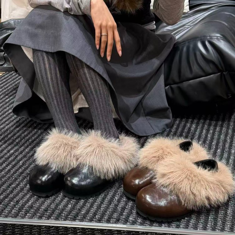 复古百搭毛毛棉拖鞋女2025冬季新款加绒保暖勃肯鞋两穿真皮雪地靴