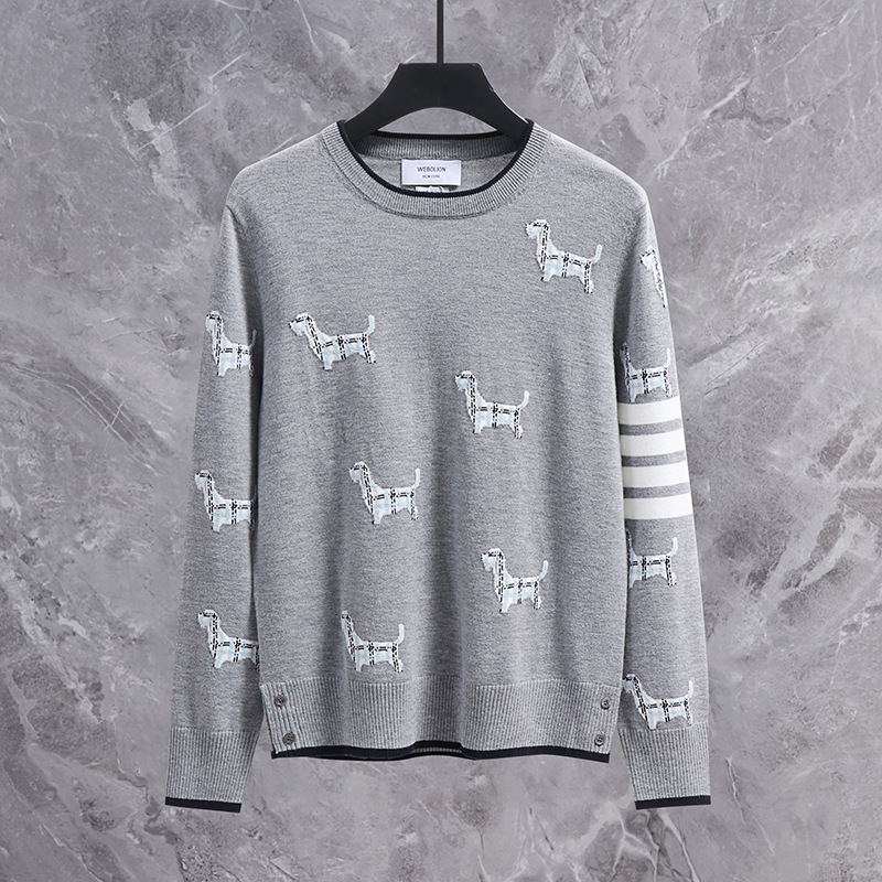 2025 New Autumn and Winter Sleeves Four Stripes Puppy Pattern Tb Round Neck Knitwear Men and Women Same Style Wool Knitwear