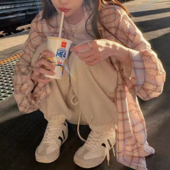 张贝贝ibell休闲粉格织带衬衫女设计感翻领长袖上衣
