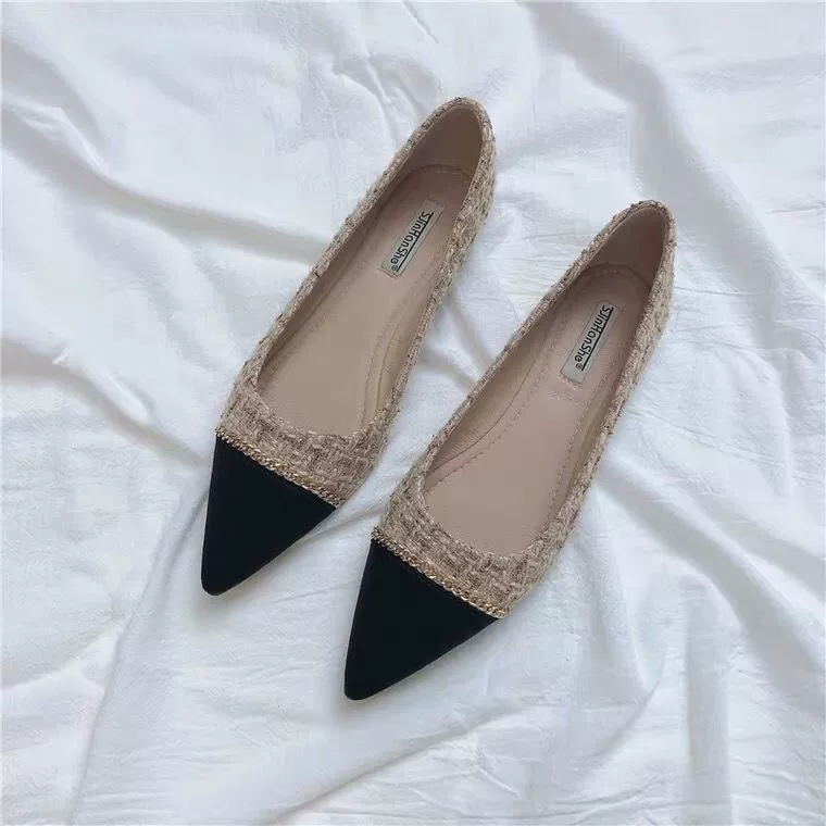 Остроконечные одиночные туфли женский 2023 весна и осень новый маленький ароматный ветер светлый темперамент дикий цвет колода металлическая пряжка мягкая подошва плоская подошва