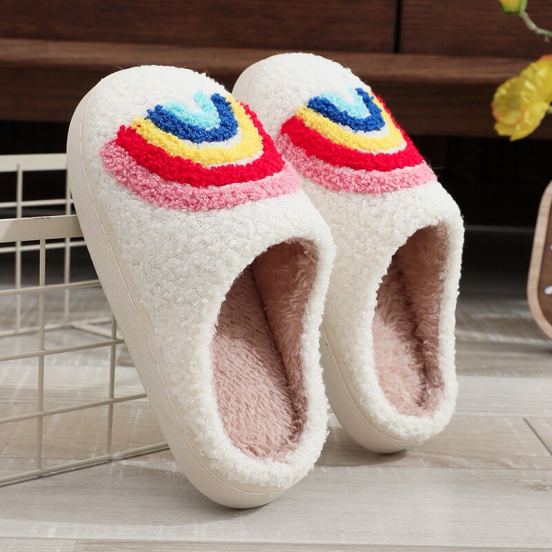 Rainbow Children's Cotton Slippers New Home Warm Winter Slippers Big Kids Couple Christmas Towel Embroidered Cotton Slippers