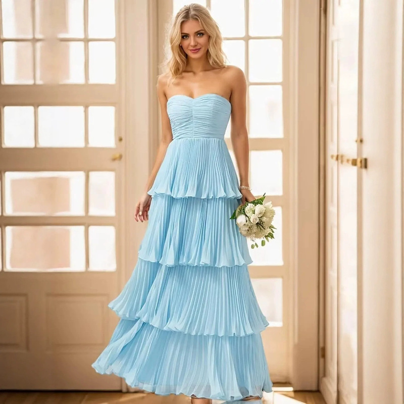 Strapless chiffon pleated tiered evening dress, long wedding bridesmaid dress, banquet dinner party dress, cross-border supply