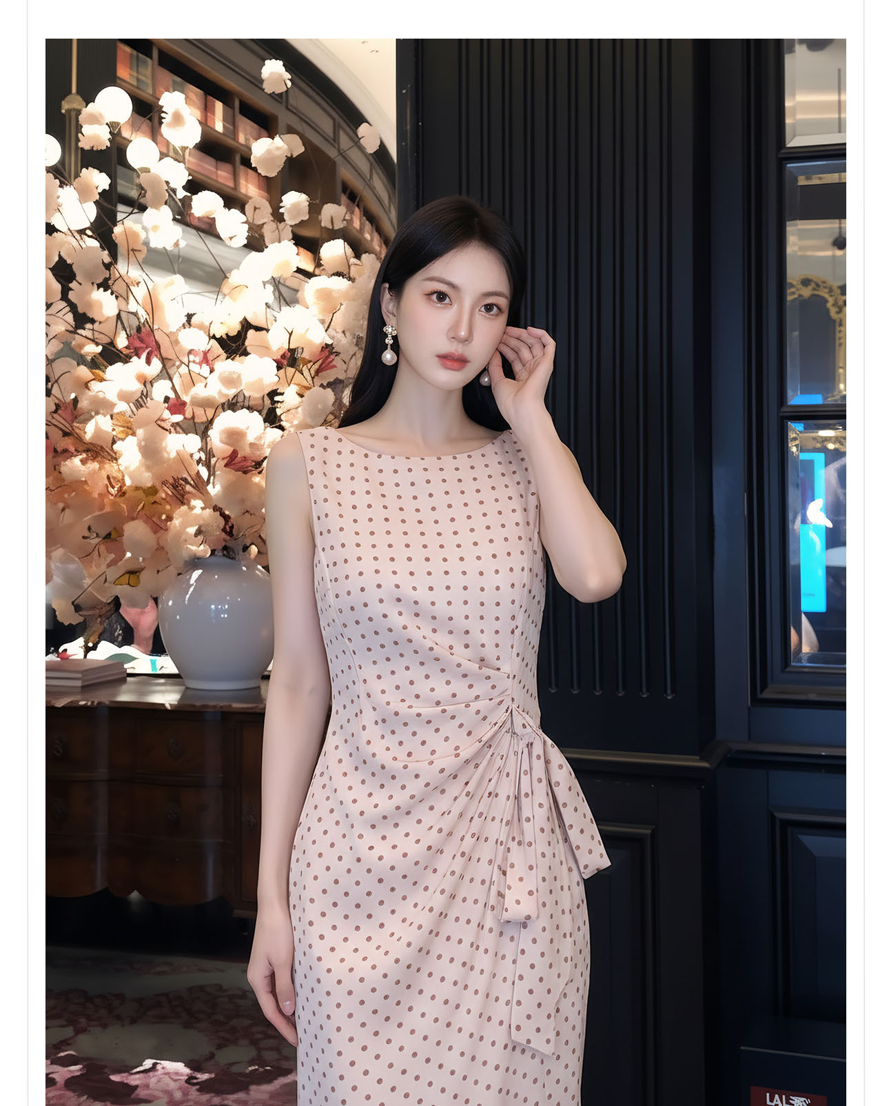 Đầm dài ôm body không tay họa tiết chấm bi phong cách Tân Trung Hoa — Điểm sóng chi tiết 3