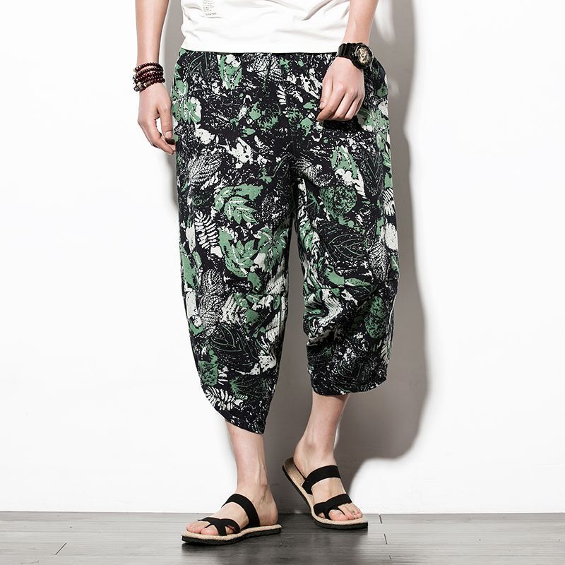 Chinese Style Cotton and Linen Harlan Pants Summer Beach Capri Pants Men's Loose plus size Bloomers Ethnic Style Trendy Pants