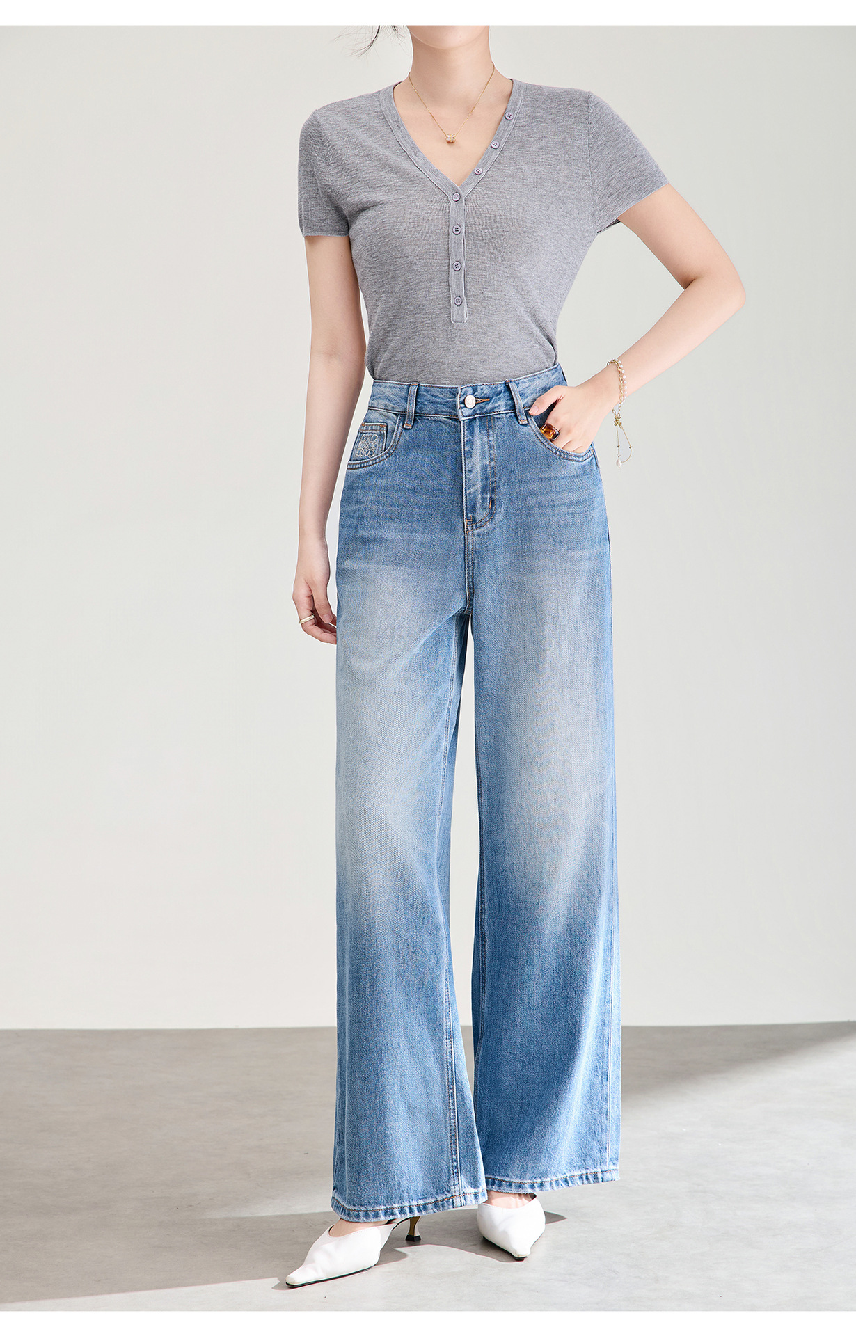 Quần jean ống rộng vải Tencel cotton phong cách retro, dáng suông rũ nhẹ mùa hè — xanh lam chi tiết 21