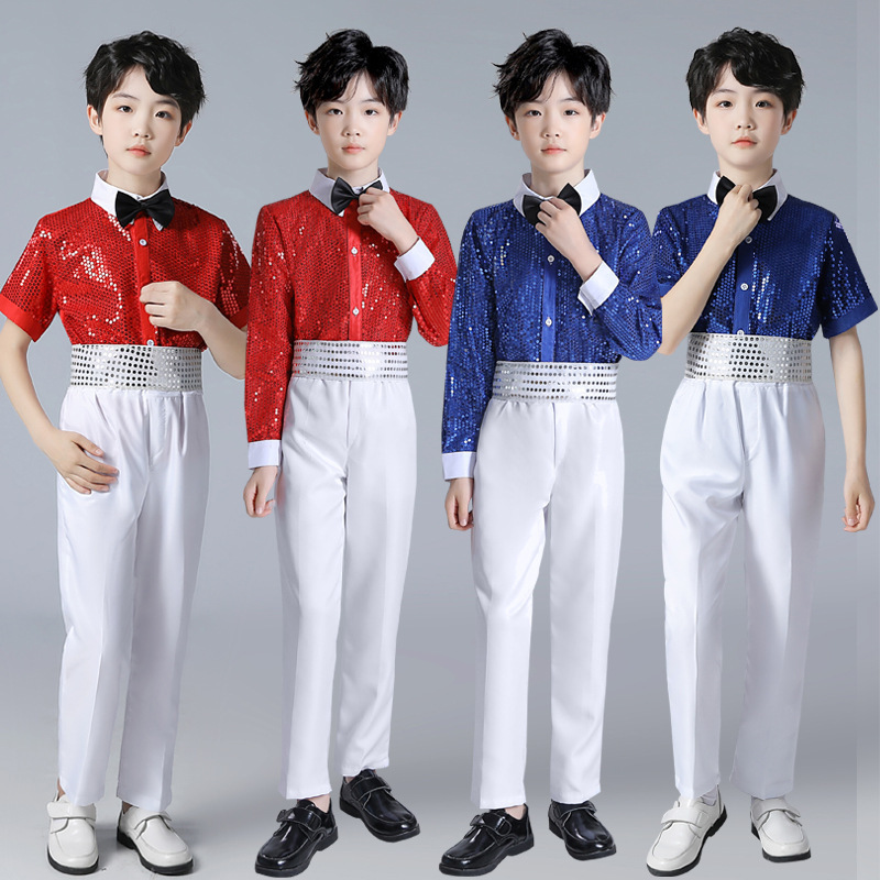 Children boys red blue sequins jazz dance costumes boy suspenders school choir chorus piano recite stage performance outfits for children