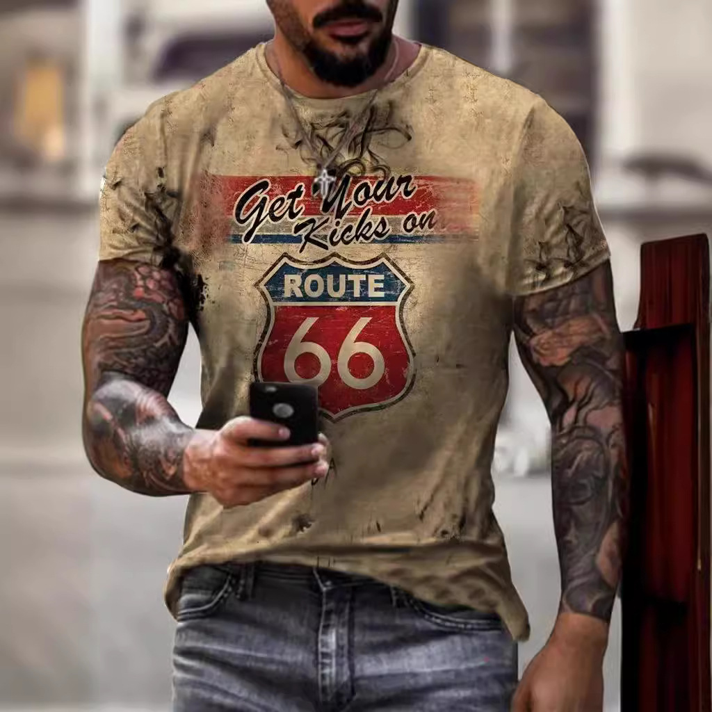 Cross-border Amazon hombres camisa de cuello redondo retro manga corta estilo europeo y americano impreso N ° 66 carretera carta camiseta