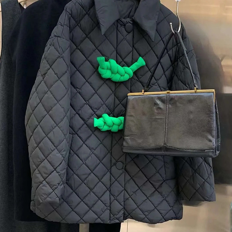 21645小众黑色菱格绳结棉服外套女2021秋冬新款气质时髦休闲百搭