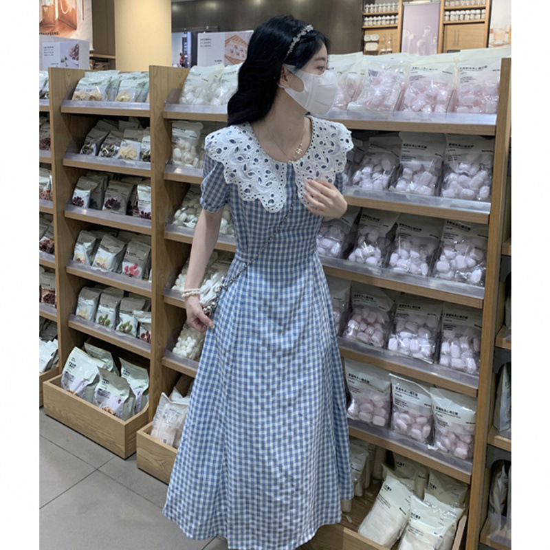 茶歇法式格子连衣裙女夏高级感娃娃领复古气质收腰温柔风初恋长裙|undefined
