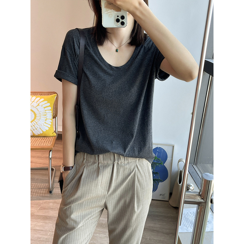 A Face of G-Level Sense, B///C Fabric!! Bead Chain U-Neck Giant Giant Giant Stylish Giant Soft Spring and Summer T-Shirt