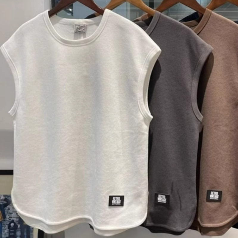 Japanese Tooling Pearl Wide Shoulder Vest Men's Summer Solid Color Sleeveless Wide Shoulder Waistcoat T-shirt Top