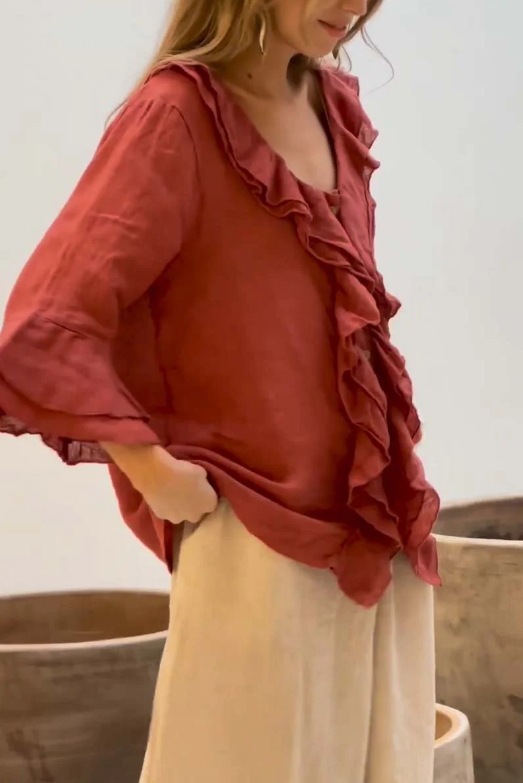 2024 estilo europeo y americano transfronterizo otoño color sólido nueva moda con cuello en V mangas voladoras con volantes suelta casual top mujer