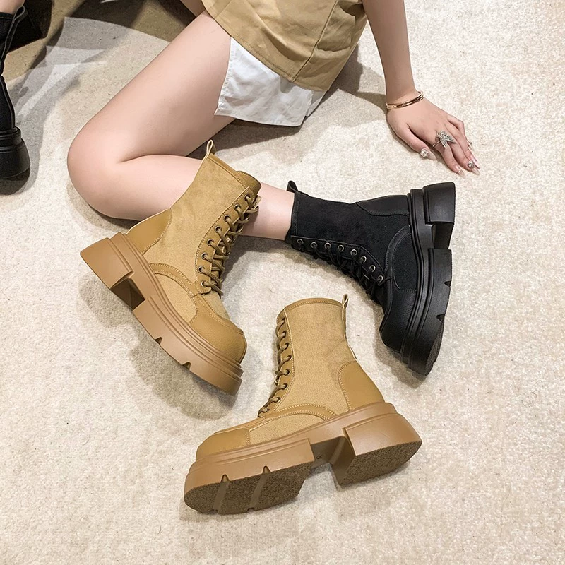 Женские Ботинки Martin на толстой подошве с круглым носком 2023 осень-зима Новые ботинки на толстой подошве в британском стиле на большом каблуке парусиновые мотоциклетные ботинки