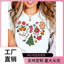 欧码T恤圣诞心印花t恤假日特色姜饼妇女糖果手杖雪花船员领休闲上