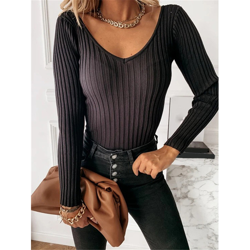 特价清仓捡漏秋季女装上衣 外贸专柜休闲百搭女士v领纯色长袖T恤