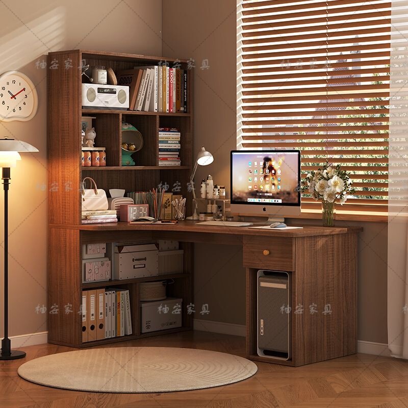Student corner desk with integrated bookshelf, simple study desk for bedroom, minimalist computer desk with bookshelf