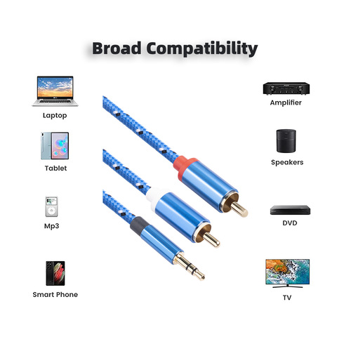 Cross-border new product blue aluminum shell gold-plated 3.5 to 2RCA mobile phone amplifier speaker lotus head audio cable