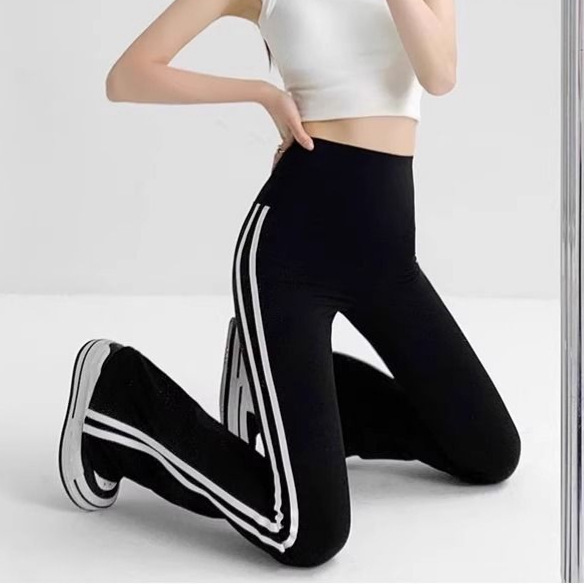 Black Flared Shark Pants for Women, Spring and Autumn, High-Waisted, Slimming, Tummy Control, Plus Size, Sports Yoga, Two-Stripe Bootcut Pants