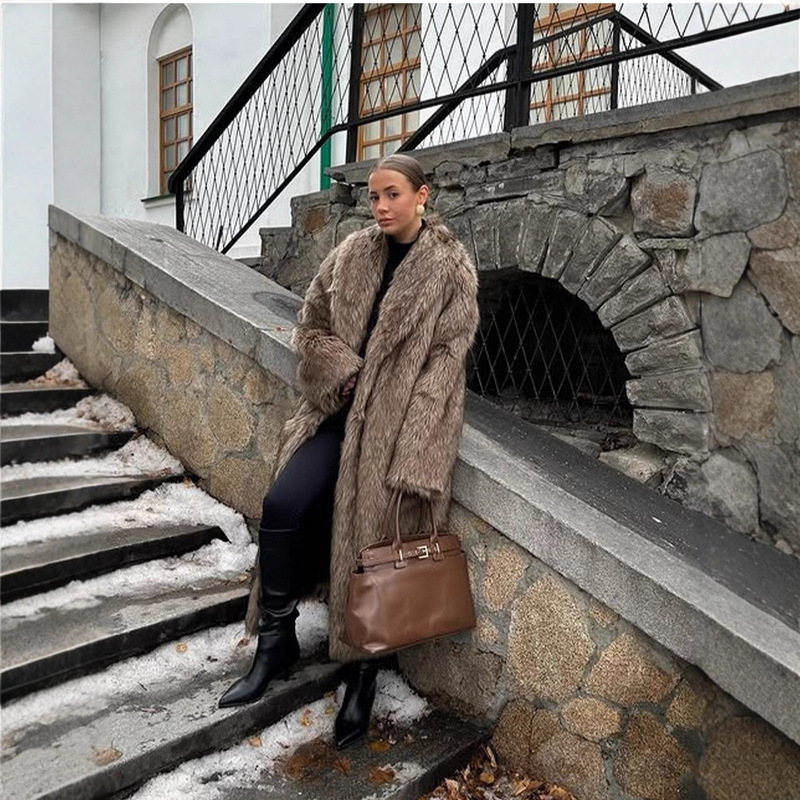 European and American Long Coat Faux Fur Coat Brown Coffee Color Thickeneded Winter Warm Outerwear Extra Long Retro