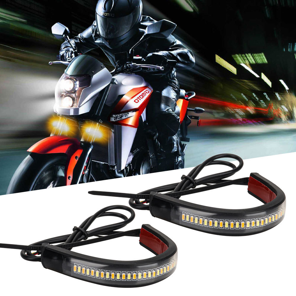 Motorcycle Led Turn Signal Light White and Yellow Dual-Color Front Shock Absorber Light Strip Motorcycle Circular Turn Signal Warning Light