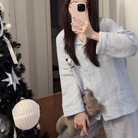 秋款长袖100%纯棉棉纱女睡衣家居服