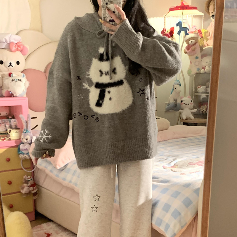 Christmas Atmosphere Cute Hooded Knitwear for Women Autumn and Winter 2025 New Soft Waxy Loose Lazy Knitwear Top