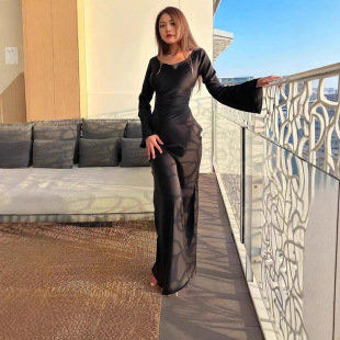 2025 Spring Cross-Border Fashion Women's Clothing Hot Sale Personalized Solid Color Round Neck Long Sleeve Lace-Up Temperament Waist Dress