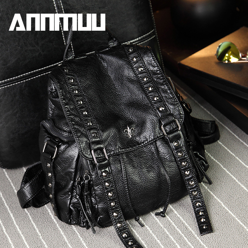 Remaches mochila suave para mujeres de comercio exterior nueva moda mochila de cuero lavable de gran capacidad mochila de color sólido