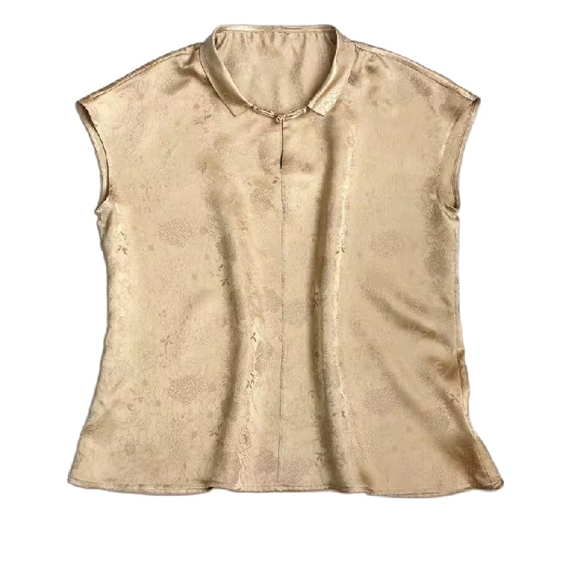 新しい中国式のシャツのシルクの婦人服の半袖のtシャツの夏の新型は小さいシャツの国風のジャカードの绢糸の上着を掛けます。|undefined