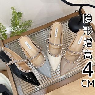 Rivet Pointed Mary Jane Cool Half Slippers for Women's Outer Wear 2025 Summer New European and American Half Slippers with Flat Bottom