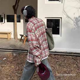 美式复古格子衬衫男春季情侣宽松百搭慵懒风长袖格纹衬衣外套潮流