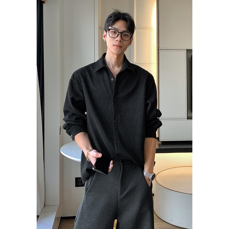 Textured White Long-sleeve Shirt For Men, 2026 Spring Collection, High-end Feel, Loose-fitting, Collared, Plus-size Top_voghion.com